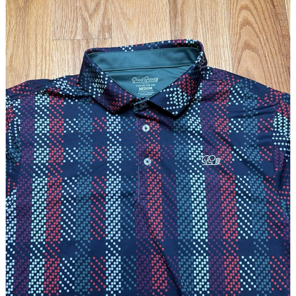 Good Good Polo Shirt Mens Medium Blue Green Geometric Pritn Golf Performance